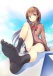  1girl arm_support bangs black_legwear blue_sky blush bowtie brown_hair cardigan feet full_body long_hair long_sleeves looking_at_viewer miniskirt no_shoes original revision school_uniform shadow sitting skirt sky sleeves_past_wrists socks soles solo striped striped_bowtie sweater_vest toes umeboshitora very_long_hair 