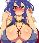  1girl blue_hair blush breasts brown_eyes cleavage food food_on_face frown houjou_ujimasa_(sengoku_bushouki_muramasa) large_breasts long_hair looking_at_viewer onigiri rice_on_face sengoku_bushouki_muramasa shiny shiny_skin simple_background solo white_background yamaneko_ken 