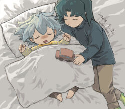  2boys aged_down barefoot blanket blue_hair brothers brown_pants dated drooling green_socks long_sleeves male_focus marufuji_ryo marufuji_sho moiko mouth_drool multiple_boys pants pillow shirt siblings sleeping socks striped_clothes striped_shirt toy_car twitter_username yu-gi-oh! yu-gi-oh!_gx 