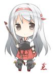 armored_boots blush boots bow_(weapon) chibi end_tieno hairband japanese_clothes kantai_collection long_hair looking_at_viewer lowres miko muneate shoukaku_(kantai_collection) silver_hair simple_background smile thigh-highs thigh_boots weapon white_background 