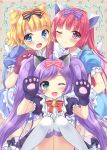  3girls :d ;) ;d animal_ears blonde_hair blue_eyes blush bow cat_ears cat_tail fang gloves green_eyes hair_bow highres houjou_sophie long_hair looking_at_viewer manaka_lala minami_mirei multiple_girls oimo one_eye_closed open_mouth paw_gloves pripara purple_hair redhead short_hair smile striped striped_bow tail thigh-highs twintails violet_eyes white_legwear 