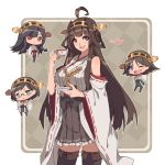  ahoge black_hair blue_eyes brown_hair cup double_bun fang glasses hairband haruna_(kantai_collection) heart hiei_(kantai_collection) japanese_clothes kantai_collection kirishima_(kantai_collection) kongou_(kantai_collection) kugi_ta_hori_taira long_hair multiple_girls nontraditional_miko one_eye_closed open_mouth pantyhose short_hair skirt smile teacup thigh-highs 