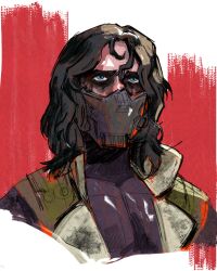  1boy black_shirt brown_hair captain_america_(series) collared_vest commentary covered_mouth cropped_torso english_commentary green_vest james_buchanan_barnes looking_up male_focus marvel mask neo_jpeg open_clothes open_vest popped_collar sanpaku shirt solo vest wavy_hair winter_soldier 
