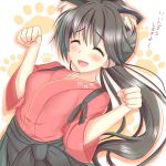  1girl :d ^_^ anchor_symbol animal_ears black_hair blush cat_ears closed_eyes highres houshou_(kantai_collection) japanese_clothes kantai_collection kemonomimi_mode kimono long_hair open_mouth paw_pose ponytail sazamiso_rx simple_background smile solo translation_request 