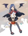  1girl arm_warmers artist_request asashio_(kantai_collection) bat_wings black_hair black_legwear blue_eyes candy cape halloween jack-o&#039;-lantern kantai_collection long_hair open_mouth pleated_skirt school_uniform shirt skirt smile solo suspenders thigh-highs vampire_costume wings 