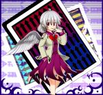  1girl bow bowtie card directional_arrow dress gimicalmas hand_in_pocket jacket kishin_sagume long_sleeves open_clothes purple_dress red_eyes shirt short_hair silver_hair single_wing smile solo touhou wings 