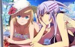  2girls absurdres artist_request bare_shoulders barefoot beach bikini blonde_hair blue_eyes breasts clouds collarbone drink drinking_straw flower frolaytia_capistrano hat hat_flower heavy_object highres large_breasts looking_at_viewer lying milinda_brantini multiple_girls official_art on_stomach outdoors palm_tree purple_hair sand sky sun_hat swimsuit tagme toes tree violet_eyes 