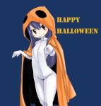  1girl blue_background blue_hair blush brown_eyes collarbone costume fairy_tail ghost_costume halloween halloween_costume happy_halloween long_hair looking_at_viewer mashima_hiro simple_background skin_tight smile solo wendy_marvell 