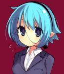  1girl black_eyes blue_eyes blue_hair character_request end_tieno flying_sweatdrops formal hair_between_eyes hairband highres pointy_ears red_background short_hair simple_background suit violet_eyes 