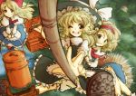 3girls alice_margatroid apron artist_request ascot blonde_hair bloomers blue_eyes blush broom broom_riding capelet couple cross-laced_footwear hat kirisame_marisa long_hair multiple_girls one_eye_closed open_mouth shanghai_doll short_hair touhou underwear waist_apron witch_hat yellow_eyes yuri 