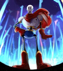 1boy 2d blue_shorts bone boots cape digital_media dokussa from_below full_body gloves glowing hand_on_hip humanoid male male_focus male_only monster monster_boy open_mouth papyrus_(undertale) red_boots red_cape red_gloves shorts skeleton solo standing straight-on teeth third-party_source undead undertale utdr_(toby_fox)