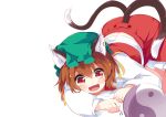  1girl animal_ears blush brown_hair cat_ears cat_tail chen fangs hat japa jewelry kneeling long_sleeves looking_down mob_cap multiple_tails open_mouth orb red_eyes shirt simple_background single_earring skirt skirt_set smile solo tail touhou vest white_background yin_yang 