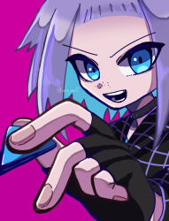  1girl alternate_costume black_choker black_gloves black_shirt blue_eyes choker commentary_request fingerless_gloves fingernails freckles gloves highres holding holding_plectrum official_alternate_costume open_mouth pink_background plectrum pokemon pokemon_masters_ex roxie_(pokemon) roxie_(sygna_suit)_(pokemon) runa_(luna_naut) shirt simple_background smile solo v-shaped_eyebrows white_hair 