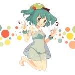  1girl adapted_costume bikini bracelet breasts green_bikini green_eyes green_hair groin hair_bobbles hair_ornament hat jewelry kawashiro_nitori key looking_at_viewer nail_polish navel open_mouth short_hair smile solo swimsuit touhou twintails uta_(lapin!!!) 