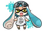  1girl aqua_hair bike_shorts blue_hair chibi end_tieno fang goggles goggles_on_head inkling mask open_mouth solo splatoon tentacle_hair translation_request yellow_eyes 