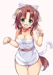  1girl animal_ears asa_no_ha bell bell_collar breasts brown_hair cat_ears cat_tail cleavage collar dog_ears dog_tail fake_animal_ears green_eyes highres original short_hair simple_background solo tail 