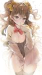  1girl bare_shoulders bent_over blush bow breasts brown_eyes brown_hair cleavage finger_to_mouth grey_legwear hair_bow ichinose_shiki idolmaster idolmaster_cinderella_girls large_breasts long_hair long_sleeves looking_at_viewer md5_mismatch naked_shirt no_pants off_shoulder open_clothes open_shirt repi987 revision shirt solo thigh-highs thighs two_side_up very_long_hair zettai_ryouiki 
