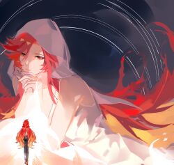  1girl absurdres ahoge alternate_costume back biker_clothes bikesuit black_background black_suit bodysuit chinese_commentary closed_mouth collarbone dress fire from_behind from_side genshin_impact gradient_hair hair_between_eyes hands_on_own_chin hands_up highres himdetingting823 hood hood_up huge_ahoge leaning_to_the_side leather_suit long_hair looking_at_viewer looking_to_the_side lying mavuika_(genshin_impact) multicolored_hair on_stomach own_hands_together parted_bangs pink_lips red_eyes redhead ripples shade sleeveless sleeveless_dress solo suit veil wavy_hair white_dress white_veil 