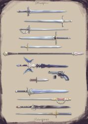  absurdres artist_name dagger english_commentary gun highres kaitou_shinshi_no_harahara!?_white_day_(project_sekai) knife multiple_weapons never_give_up_cooking!_(project_sekai) no_humans pingu_(colourofmiso) polearm project_sekai rapier relax_teatime_(project_sekai) revolver spear sword too_many_weapons weapon 