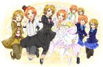  2girls age_progression backpack bag black_legwear blazer blonde_hair bouquet bride child closed_eyes dress flower glasses groom happy_birthday hat holding_hands hoshizora_rin karamoneeze koizumi_hanayo light_brown_hair long_sleeves love_live!_school_idol_project mini_top_hat multiple_girls open_mouth outfits pants pantyhose pink_eyes pointing pointing_forward randoseru red-framed_glasses school_uniform shirt skirt smile thigh-highs top_hat wedding_dress white_dress white_legwear yellow_eyes younger zettai_ryouiki 