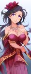  1girl bare_shoulders black_hair breasts cleavage dress hair_ornament hand_on_own_chest idolmaster idolmaster_cinderella_girls jewelry large_breasts long_hair looking_at_viewer luncheon_meat_umai necklace parted_lips solo sparkle strapless_dress takahashi_reiko violet_eyes 