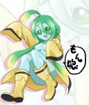  1girl ahoge blue_skin boots convenient_leg full_body goo_girl green_eyes green_hair huge_ahoge long_hair monster_girl monster_musume_no_iru_nichijou raincoat rubber_boots small_breasts solo suu_(monster_musume) tentacle_hair tina_(metamin_107) translation_request yellow_boots yellow_clothes zoom_layer 
