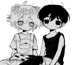  2boys basil_(headspace)_(omori) basil_(omori) blush closed_mouth expressionless flower greyscale head_wreath highres kobanzame_omo looking_at_viewer male_focus monochrome multiple_boys omori omori_(omori) overall_shorts overalls photo_(object) scrapbook short_hair shorts smile striped_clothes striped_shorts tank_top thigh-highs vertical-striped_clothes vertical-striped_shorts 