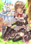  1girl absurdres black_legwear blush brown_hair butterfly cat flower highres maid_headdress moe2015 pink_flower short_hair sky sweets teapot thigh-highs touki_matsuri tree 