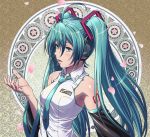  1girl ahoge bare_shoulders blush detached_sleeves hair_between_eyes hair_ornament hatsune_miku hatsune_miku_(vocaloid3) headphones highres long_hair moto7927 nail_polish necktie number open_mouth simple_background twintails upper_body very_long_hair vocaloid 
