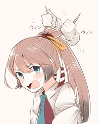  1girl blue_eyes brown_hair hair_ribbon hands kantai_collection kazagumo_(kantai_collection) long_hair open_mouth ponytail ribbon school_uniform 