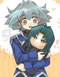  1boy blue_hair blue_jacket character_doll doll glasses hair_between_eyes heart holding holding_doll jacket long_sleeves male_focus marufuji_ryo marufuji_sho moiko open_mouth short_hair signature upper_body watermark yu-gi-oh! yu-gi-oh!_gx 