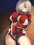  1girl blue_eyes blush breasts cleavage cleavage_cutout hair_ornament hair_over_one_eye hairclip hamakaze_(kantai_collection) highres jacket kantai_collection large_breasts short_hair silver_hair solo torisan track_jacket 