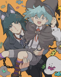  2boys ascot black_ascot blue_hair brothers buttons closed_mouth collar cuffs dated facial_mark grey_eyes grey_hair grey_shorts hat holding holding_wand long_hair long_sleeves looking_at_viewer male_focus marufuji_ryo marufuji_sho moiko multiple_boys open_mouth orange_background red_ribbon ribbon round_eyewear shackles shirt shorts siblings socks spiked_collar spikes striped_clothes striped_socks suspenders wand white_shirt witch_hat yu-gi-oh! yu-gi-oh!_gx 