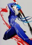  1boy blood blue_hair bodysuit earrings fate/grand_order fate/stay_night fate_(series) gae_bolg jewelry lancer pauldrons polearm ponytail red_eyes shiromako slashing spear weapon 