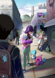  1girl 2boys absurdres aspear_berry backpack bag beard berry_(pokemon) black_hair bronzor character_charm charm_(object) dark-skinned_male dark_skin disguise dot_(pokemon) facial_hair green_pants grey_hair gurumin hair_over_eyes highres jacket maounocartoon medium_hair multiple_boys murdock_(pokemon) nidothing oran_berry outdoors pants pecha_berry people pokemon pokemon_(anime) pokemon_(creature) pokemon_horizons purple_hair purple_jacket quaxly rolycoly sandals shadow shirt shopping_bag shorts slippers snorlax sunglasses tinkatink trash_can trubbish watch watch white_shirt white_shorts 