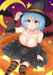  1girl arlonn bare_shoulders bat blue_eyes blue_hair breasts cleavage crescent_moon halloween hat heterochromia jack-o&#039;-lantern large_breasts moon red_eyes solo star striped striped_legwear tatara_kogasa thigh-highs tongue tongue_out touhou witch_hat 