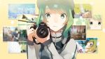  1girl :/ camera close-up green_eyes green_hair gumi holding_camera koyubi_right long_sleeves looking_at_viewer photo_(object) photo_background short_hair solo star star-shaped_pupils symbol-shaped_pupils trench_coat vocaloid zipper 