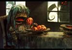  2girls blue_hair eating food fruit hand_on_window hat headwear_removed hinanawi_tenshi koto_inari long_hair looking_at_another multiple_girls onozuka_komachi peach red_eyes scythe short_hair silhouette touhou twintails window 
