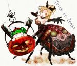  2girls :d adapted_costume alternate_hairstyle axe blonde_hair blush bow choker cleaver colored_eyelashes commentary_request dress elbow_gloves english gloves green_hair hair_bobbles hair_bun hair_ornament halloween halloween_costume insect_girl jack-o&#039;-lantern kisume kurodani_yamame looking_at_viewer monster_girl multiple_girls open_mouth outstretched_arm sisenshyo smile spider_girl text touhou trick_or_treat twintails weapon yellow_eyes 