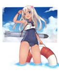  1girl blonde_hair blue_eyes cradle_(2849) flower hair_flower hair_ornament highres kantai_collection lifebuoy long_hair open_mouth ro-500_(kantai_collection) school_swimsuit smile solo swimsuit tan tanline torpedo 