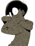  1boy akiomi_aiko constricted_pupils from_behind hoodie jyushimatsu male_focus monochrome osomatsu-kun osomatsu-san red_eyes shaded_face simple_background sleeves_past_wrists solo spot_color upper_body white_background 