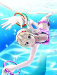  1girl bikini blonde_hair blue_eyes earrings hairband holding_breath hoop_earrings idolmaster idolmaster_cinderella_girls jewelry necklace pool popon_ta shiomi_shuuko short_hair sideways smile solo swimming swimsuit swimsuit_under_swimsuit underwater 