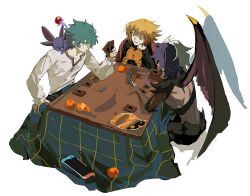  2boys bag_of_chips black_shirt blue_hair brown_eyes brown_hair card collarbone crystal_beast_ruby_carbuncle demon_girl demon_horns demon_wings duel_monster food fruit green_eyes green_hair highres holding holding_card horns johan_andersen kotatsu monster_girl multicolored_hair multiple_boys nintendo_switch open_mouth orange_(fruit) pharaoh_(cat) playing_games shirt ss_un17 sweatdrop table white_hair white_shirt wings yu-gi-oh! yu-gi-oh!_gx yubel yuki_judai 