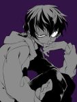  1boy akiomi_aiko black_hair gesugao grin hoodie ichimatsu leg_hug male_focus monochrome osomatsu-kun osomatsu-san purple_background simple_background sitting smile solo 