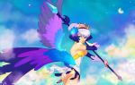  1girl 2010 ashleigh_hetrick ass bangs bare_shoulders blue_eyes blunt_bangs blurry clouds colorful cowboy_shot crescent_moon crown depth_of_field detached_sleeves feathered_wings gwendolyn hair_ornament moon odin_sphere polearm short_hair silver_hair solo weapon wings 