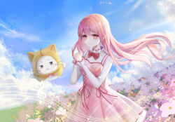 1girl :3 animal blue_sky bow bowtie brown_eyes cat cloak closed_mouth clothed_animal clothes_writing clouds collared_shirt cowboy_shot cross-laced_clothes cross-laced_dress dated day dress dress_ribbon ear_covers eyelashes field floating floating_hair flower flower_field frilled_shirt_collar frilled_sleeves frills hair_between_eyes happy highres hood hood_up hooded_cloak interlocked_fingers light_particles light_rays long_hair long_sleeves looking_at_viewer momo_(nikki) musical_note nikki_(nikki) nikki_(series) orange_eyes outdoors own_hands_clasped own_hands_together pink_dress pink_flower pink_hair plaid_clothes plaid_dress pleated_dress red_bow red_bowtie red_ribbon ribbon shining_nikki shirt short_dress sidelocks signature sky sleeves_past_wrists smile spring_(season) staff_(music) standing starfish06321 sunlight treble_clef very_long_hair whiskers white_cat white_shirt yellow_cloak 