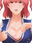  1girl amino_(tn7135) blush breasts cleavage close-up collarbone large_breasts licking_lips lips looking_at_viewer onozuka_komachi red_eyes redhead seductive_smile short_hair simple_background solo tongue tongue_out touhou translation_request two_side_up upper_body white_background 