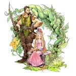  1boy 1girl artist_request bare_arms bare_shoulders beard blonde_hair boots bow brown_eyes brown_hair character_request copyright_request dress facial_hair gloves hair_ornament highres holding long_hair pink_dress pointy_ears rod sandals serious sitting sleeveless smile standing toes tree_stump vines 