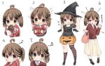  1girl alternate_hairstyle blush brown_eyes brown_hair closed_eyes commentary_request cup drinking earrings halloween halloween_costume hat jewelry kantai_collection looking_at_viewer mug mugichoko_(mugi_no_choko) musical_note no_hat pocky pocky_kiss ponytail ryuujou_(kantai_collection) shared_food smile translated twintails witch_hat younger 