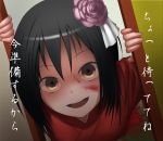  1girl black_hair blood blood_on_face brown_eyes flower hair_flower hair_ornament highres japanese_clothes kimono looking_at_viewer original papino short_hair smile solo yandere 